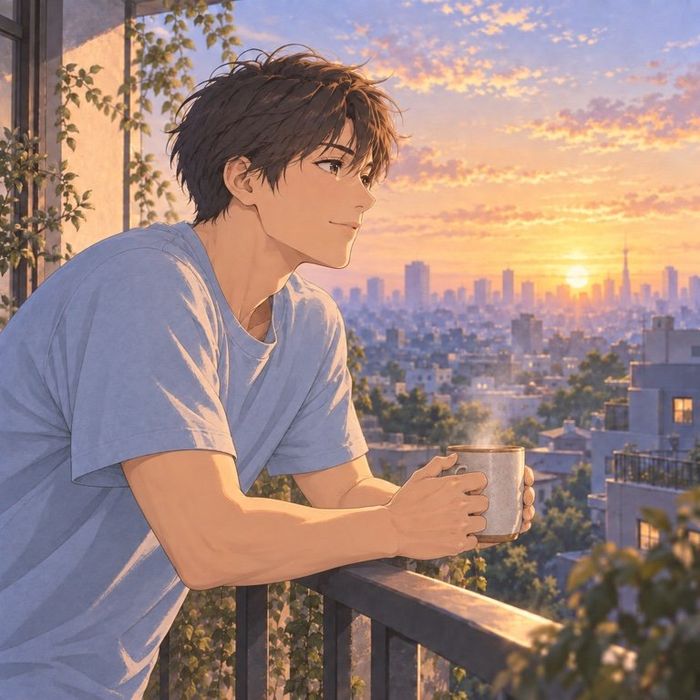 A painting of a man with a morning coffee looking over a city
