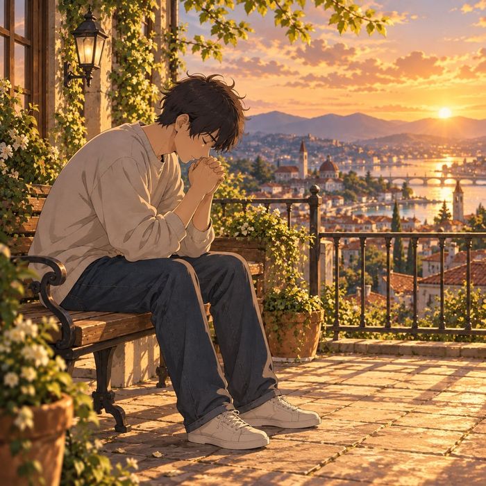 A painting of a man praying on a balcony at sunset