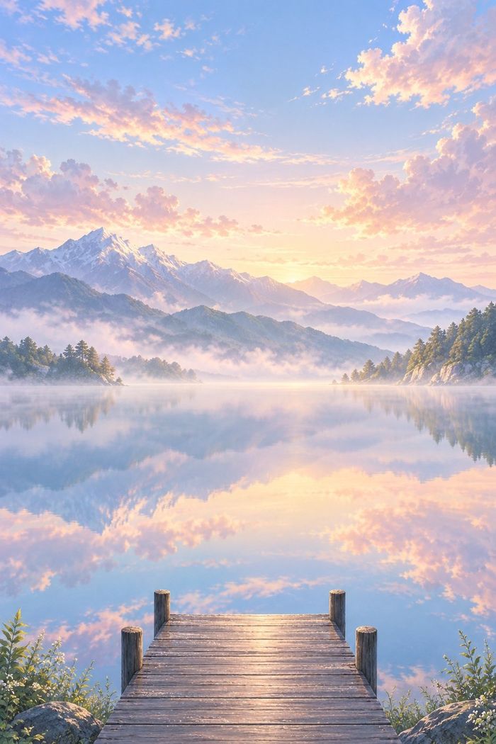 A painting of a calm lake and a wooden dock at dawn