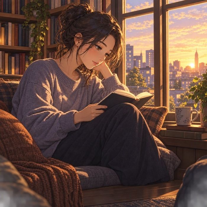 A painting of a woman reading by a sunny window